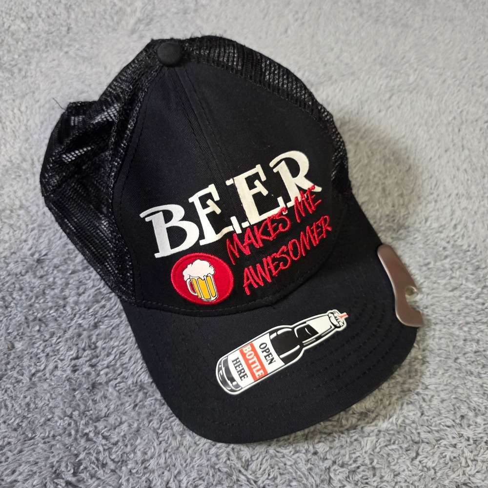 Varsity Slackers OSFM Trucker Hat Black Beer Makes Me Awesomer Bottle Opener